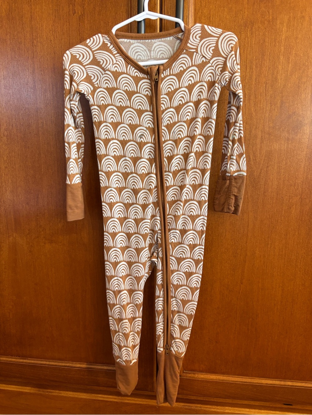 Little Sleepies Brown Footed Zip One-Piece Pajamas with White Rainbow Print